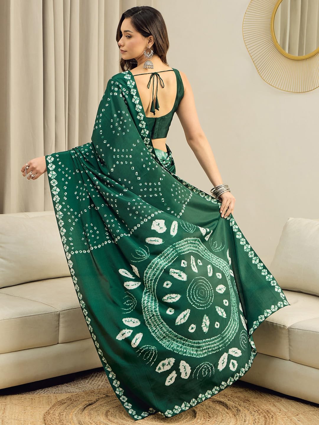Green Crepe Polka Dots Saree