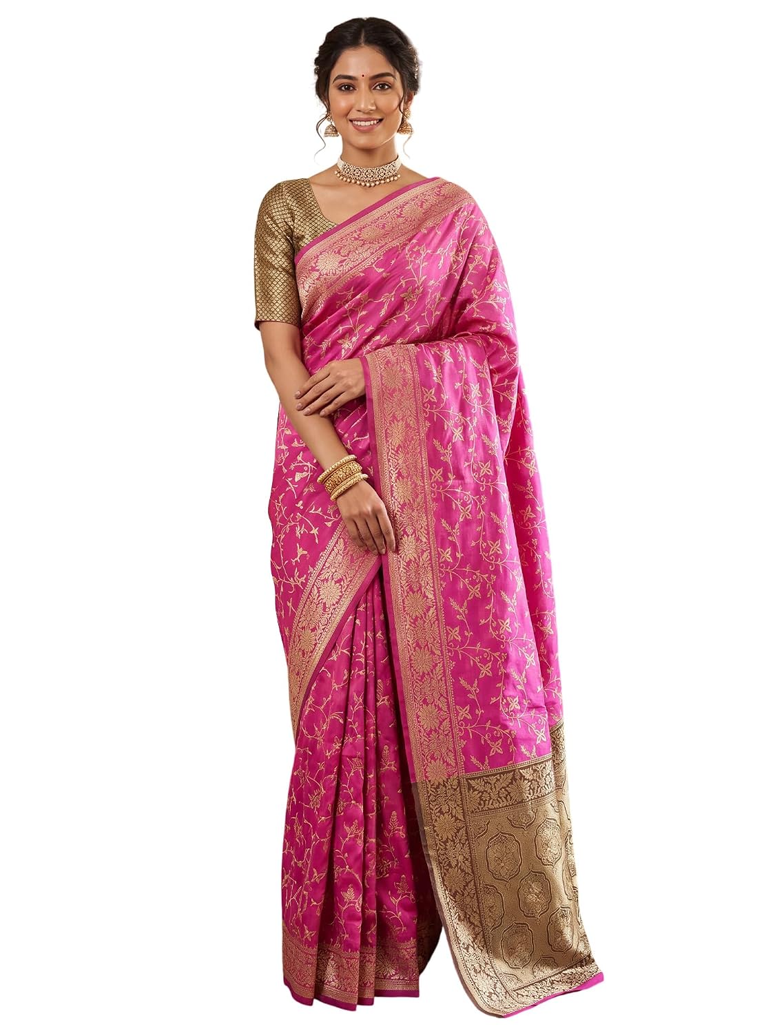 Red 2 Silk Blend Floral Saree - Pink