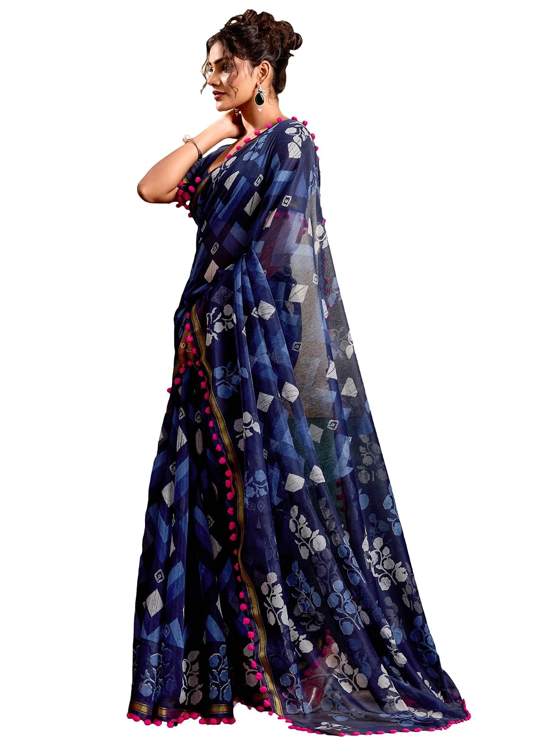 Yellow Cotton Paisley Saree - Navy Blue