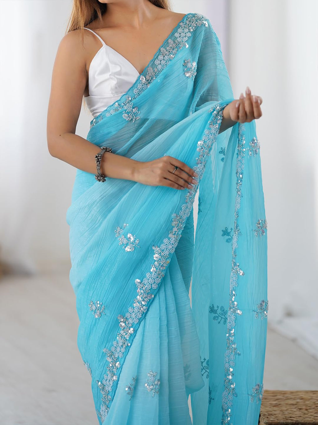 Light Blue Chiffon Floral Saree