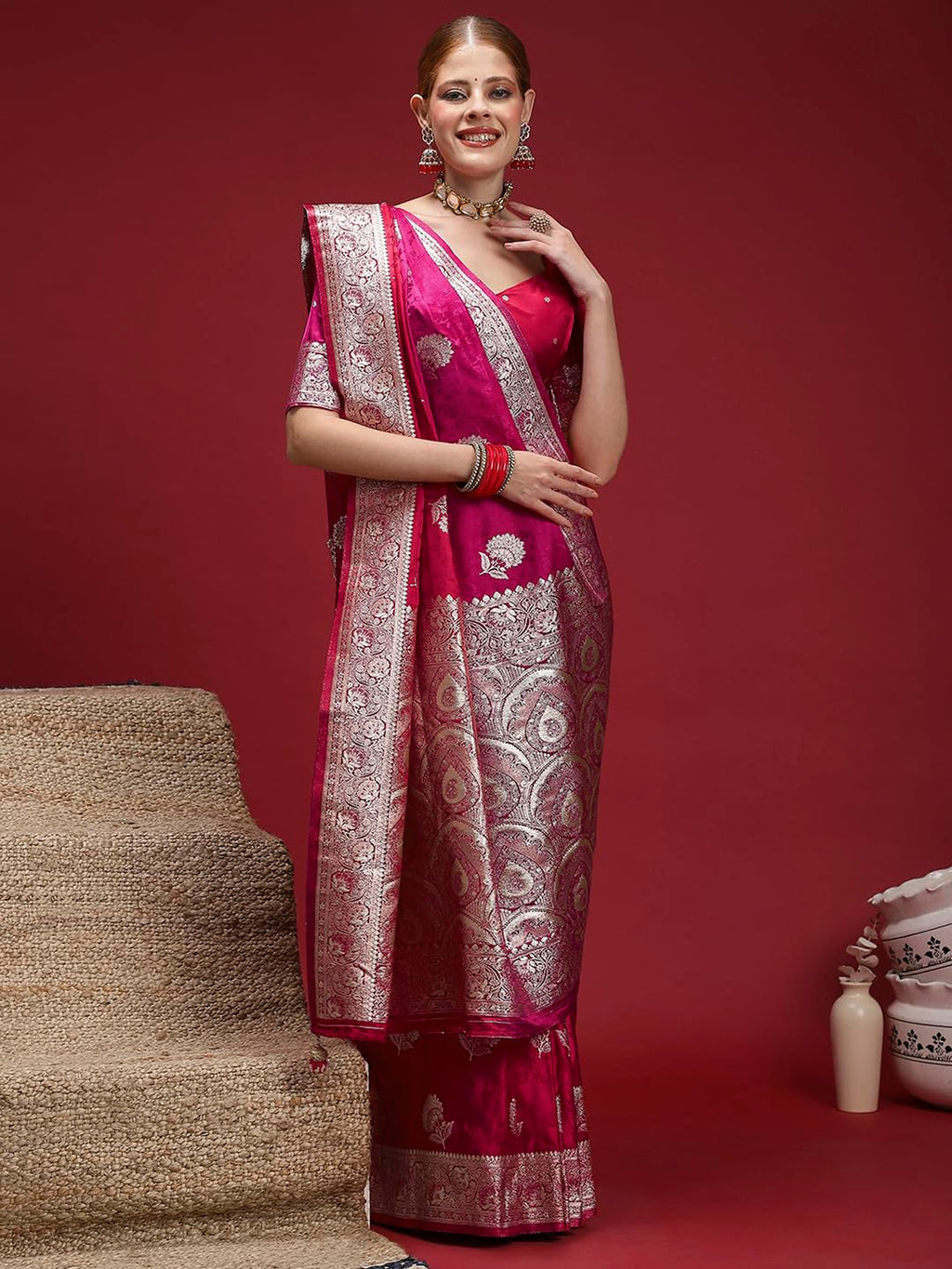 Pink Satin Floral Saree