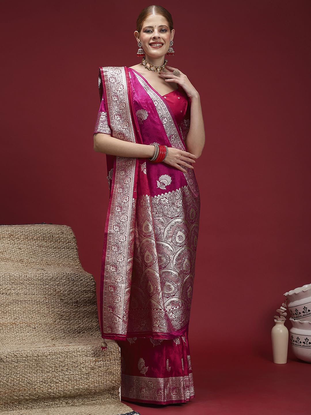 Pink Satin Floral Saree