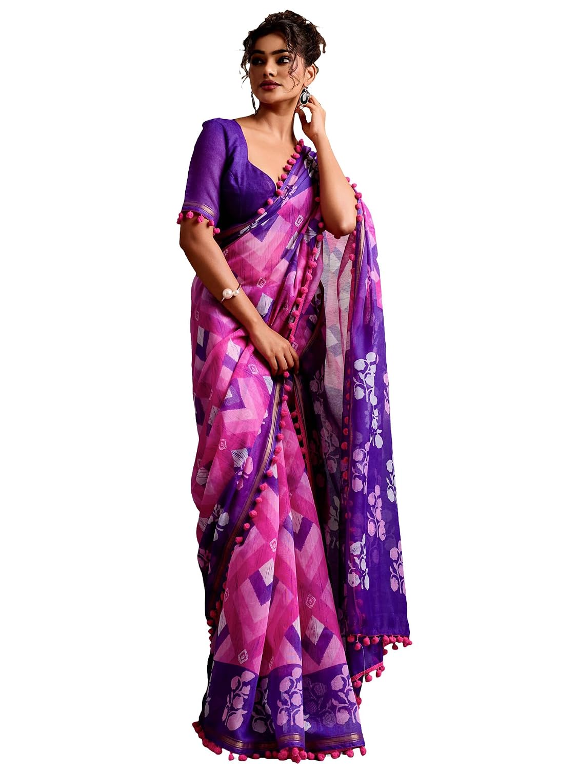Yellow Cotton Paisley Saree - Pink