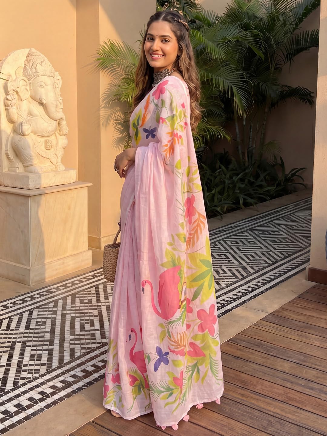 Pink Linen Striped Saree