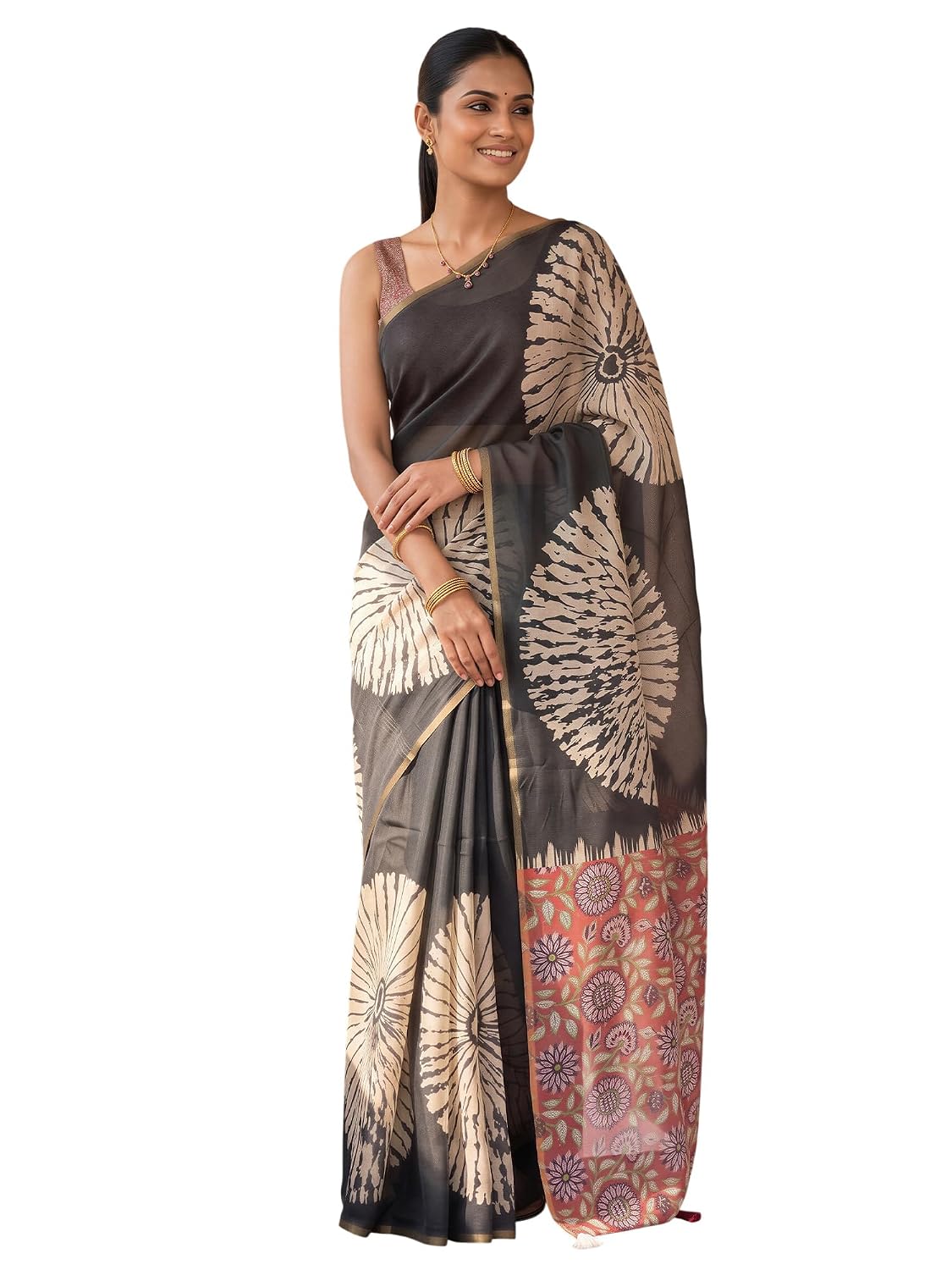 Pink Cotton Blend Shibori Saree - Black