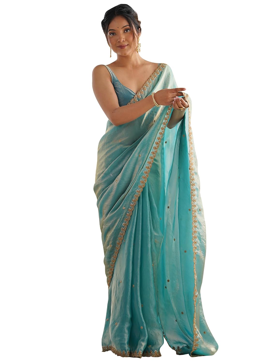 Copper Tissue Floral Saree - Light Blue