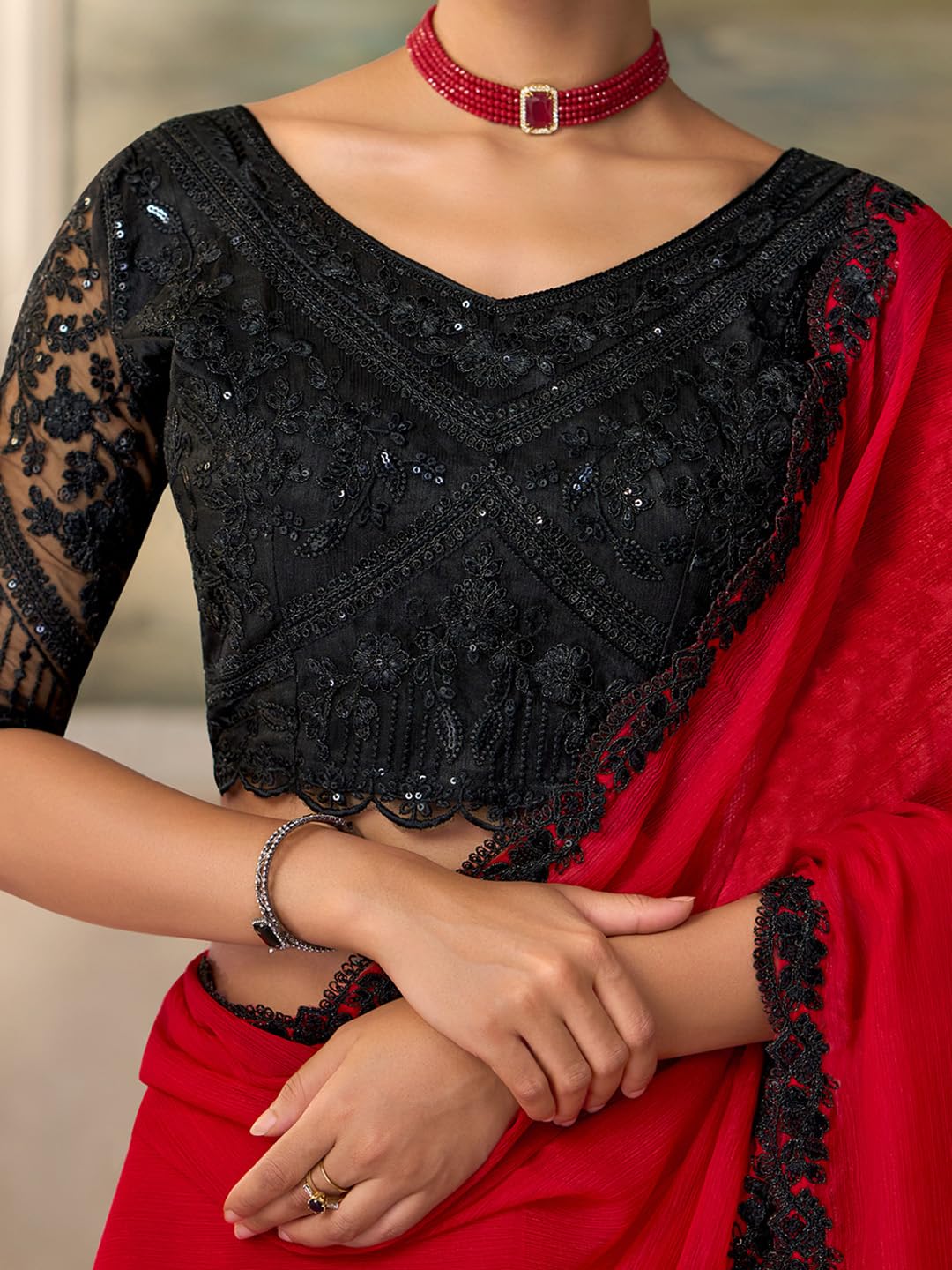 Red Chiffon Ombre Saree