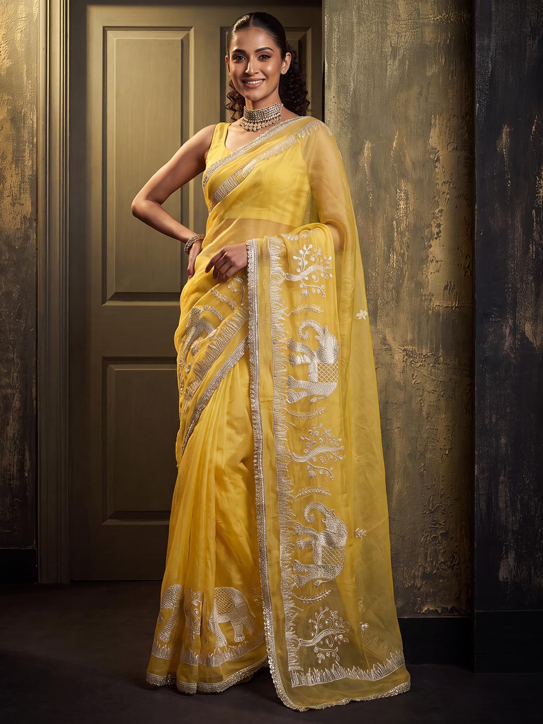 Yellow Georgette Striped Saree