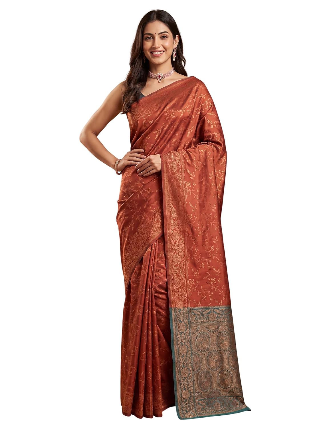 Red 2 Silk Blend Floral Saree - Rust
