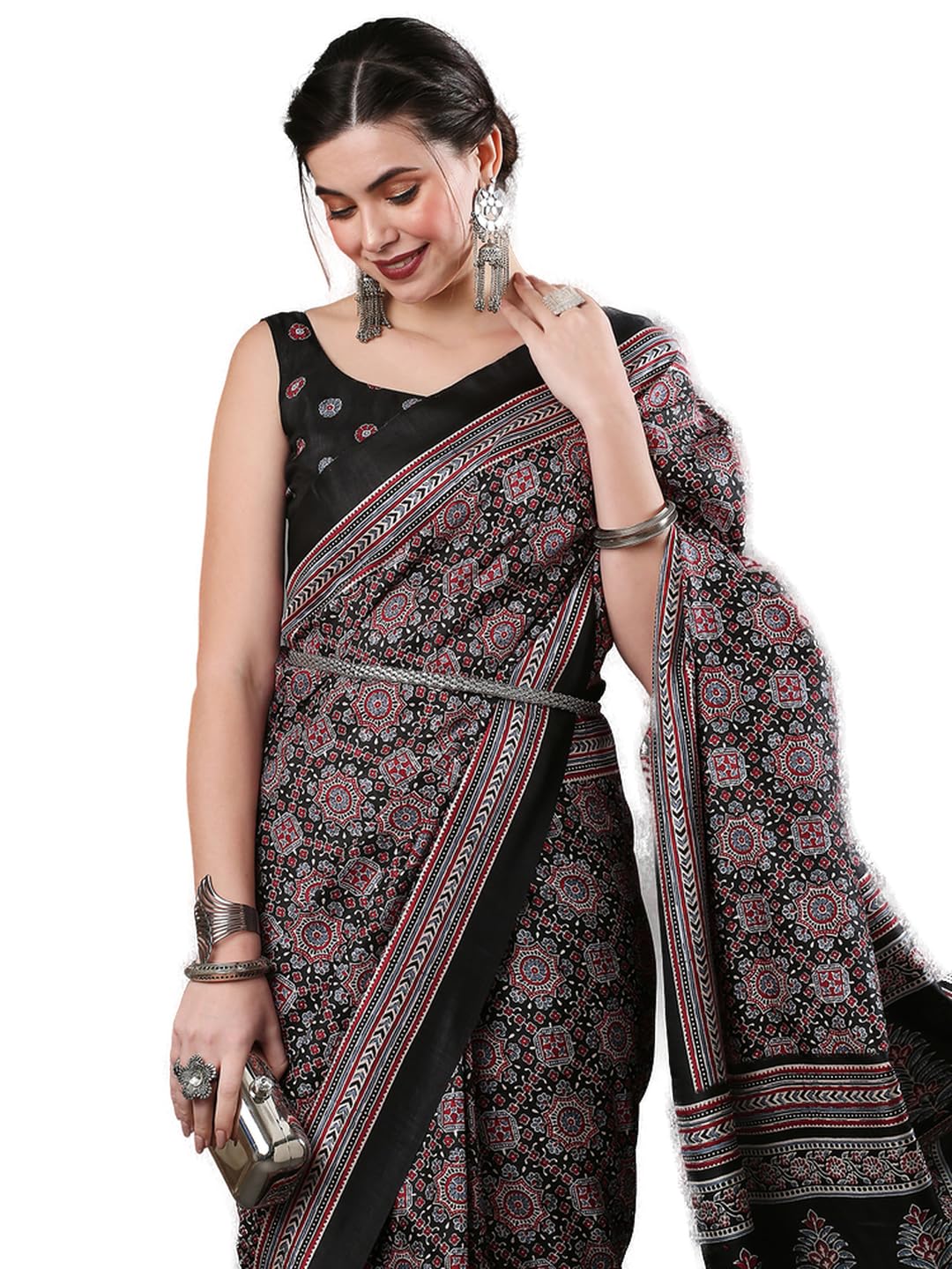 Red Bhagalpuri Silk Ethnic Motif Saree - Black 3