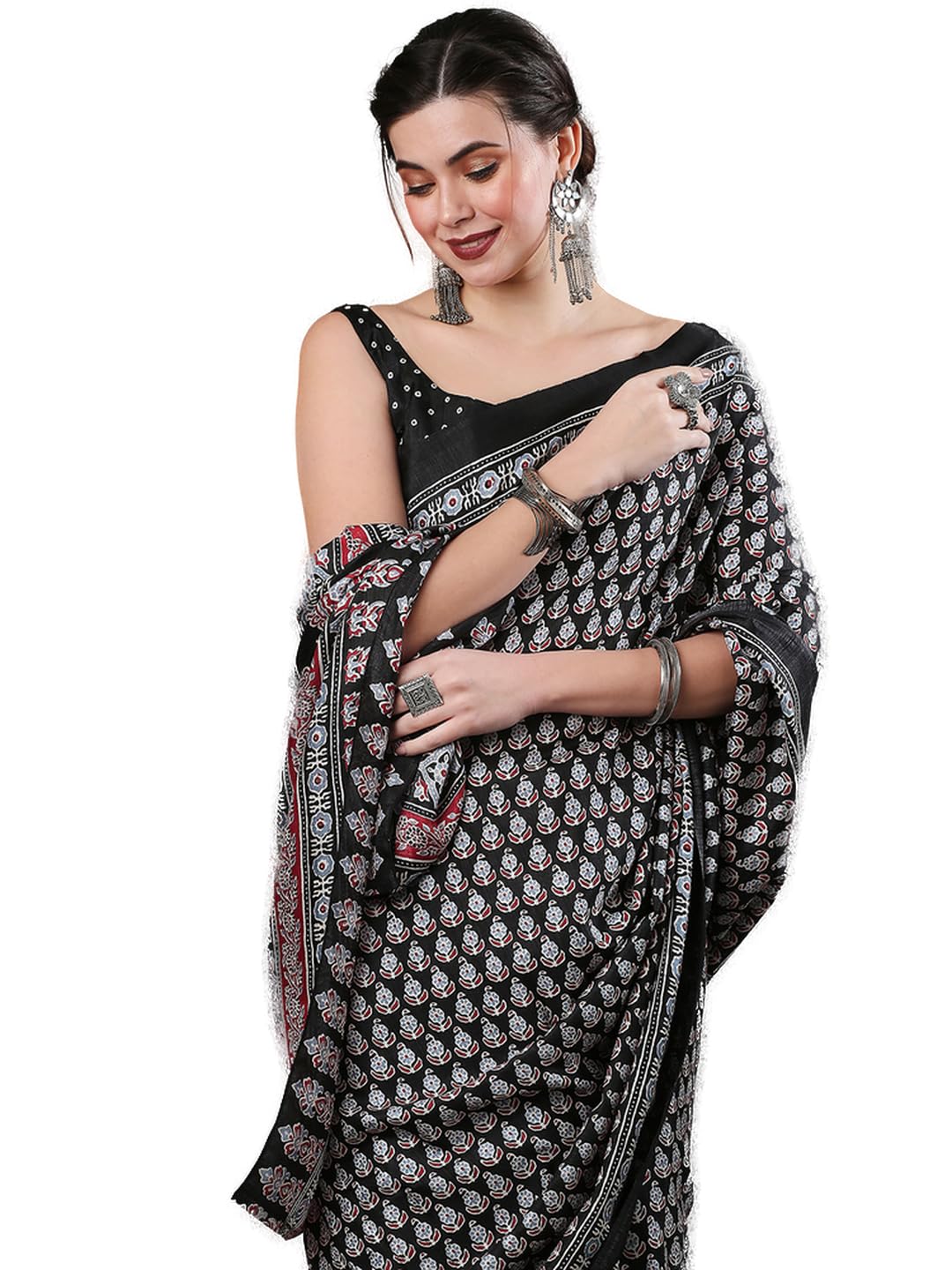 Red Bhagalpuri Silk Ethnic Motif Saree - Black 2