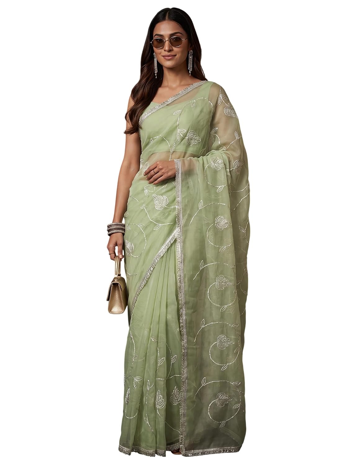 Light Blue Georgette Striped Saree - Light Green