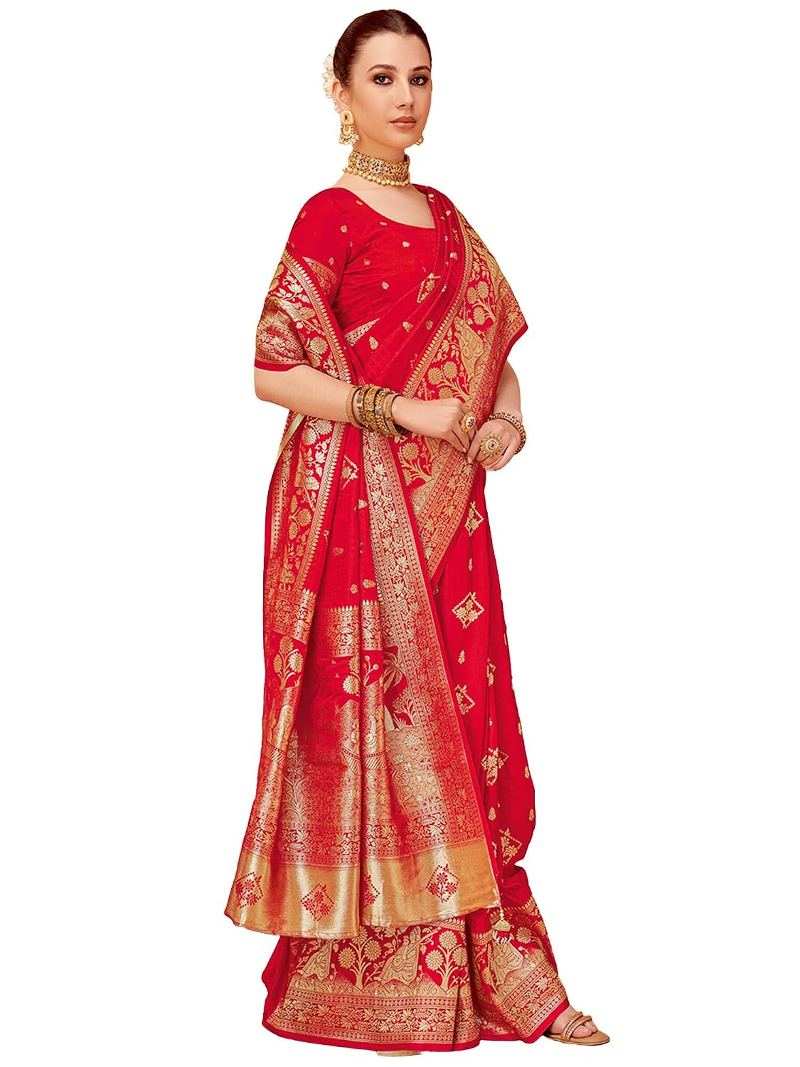 Mustard Satin Floral Saree - Red 2