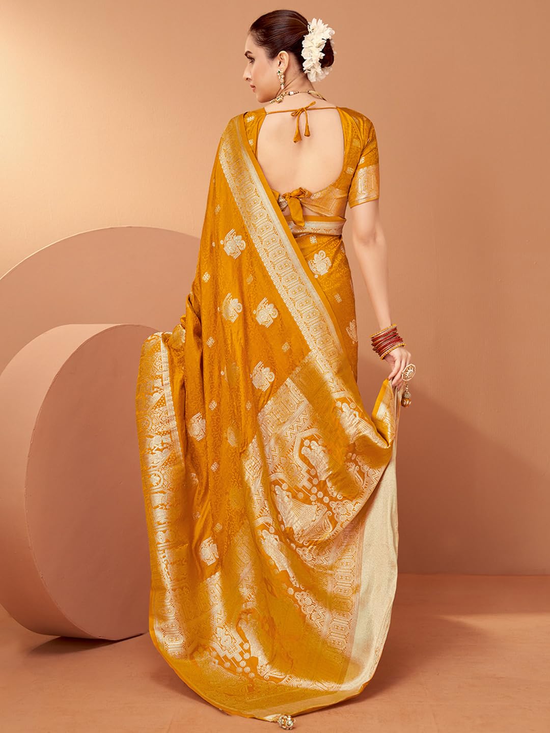 Mustard Satin Floral Saree