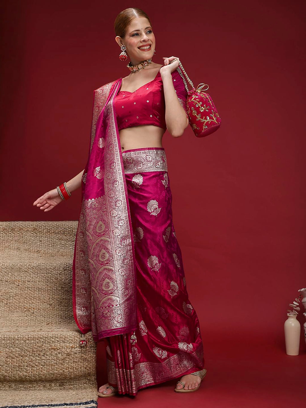 Pink Satin Floral Saree