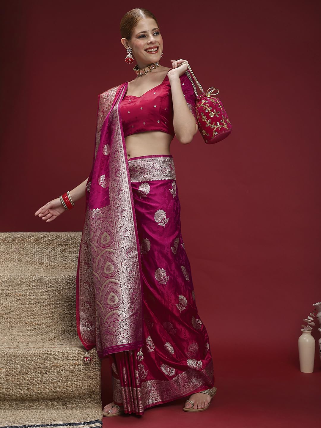 Pink Satin Floral Saree