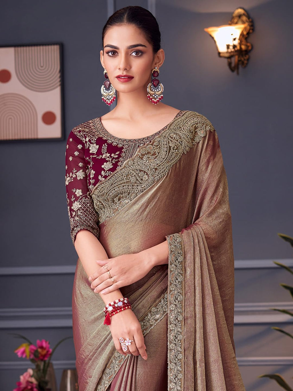 Burgundy Silk Polka Dots Saree
