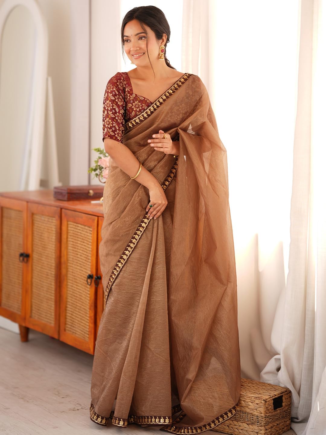 Copper Silk Checkered Saree