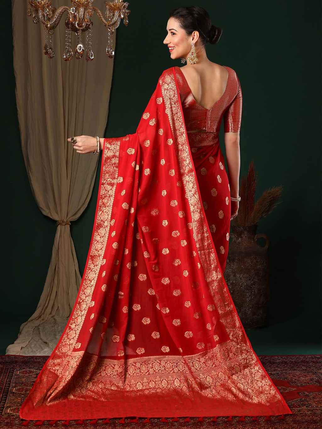 Red Georgette Ethnic Motif Saree