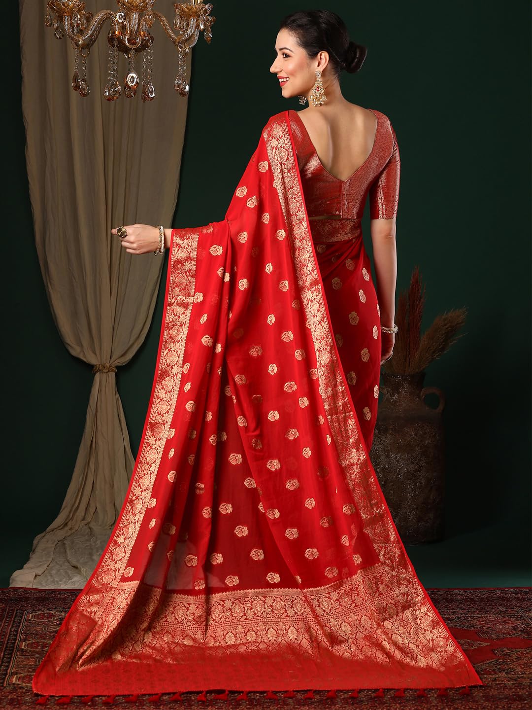 Red Georgette Ethnic Motif Saree