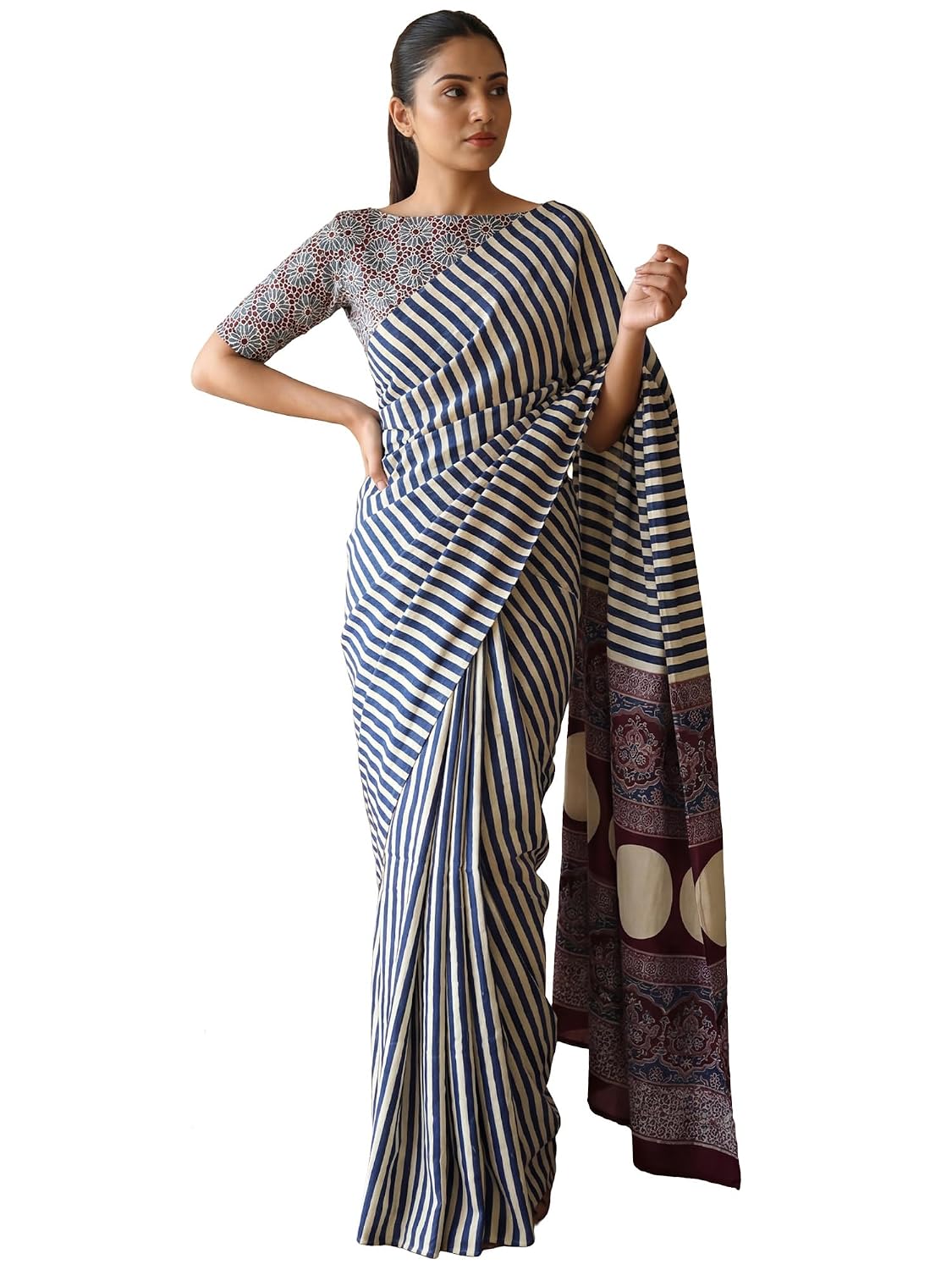 Maroon Crepe Striped Saree - Blue