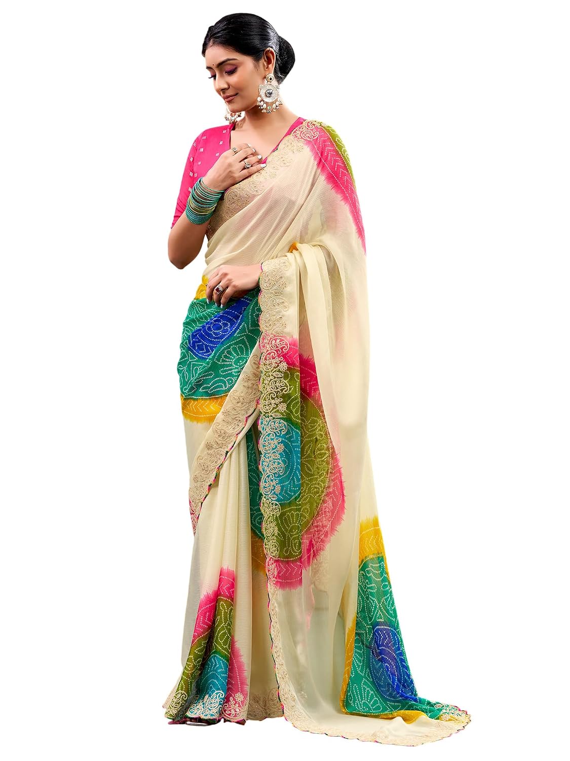 Multicolour Silk Checkered Saree - Cream