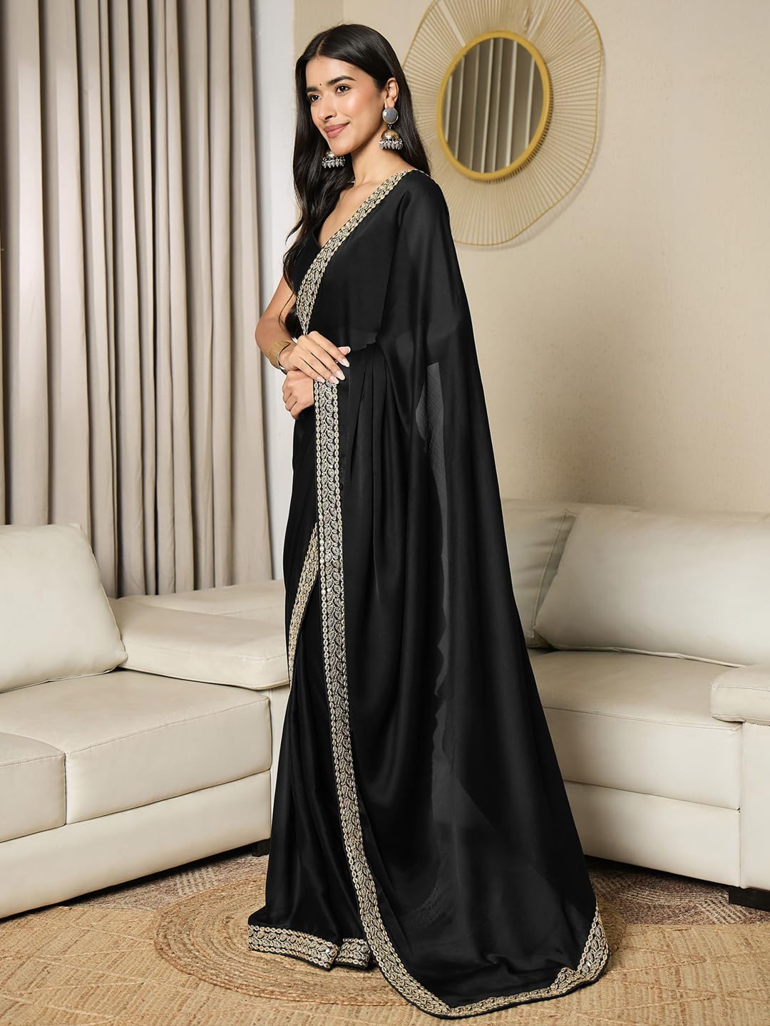 Black Satin Solid Saree