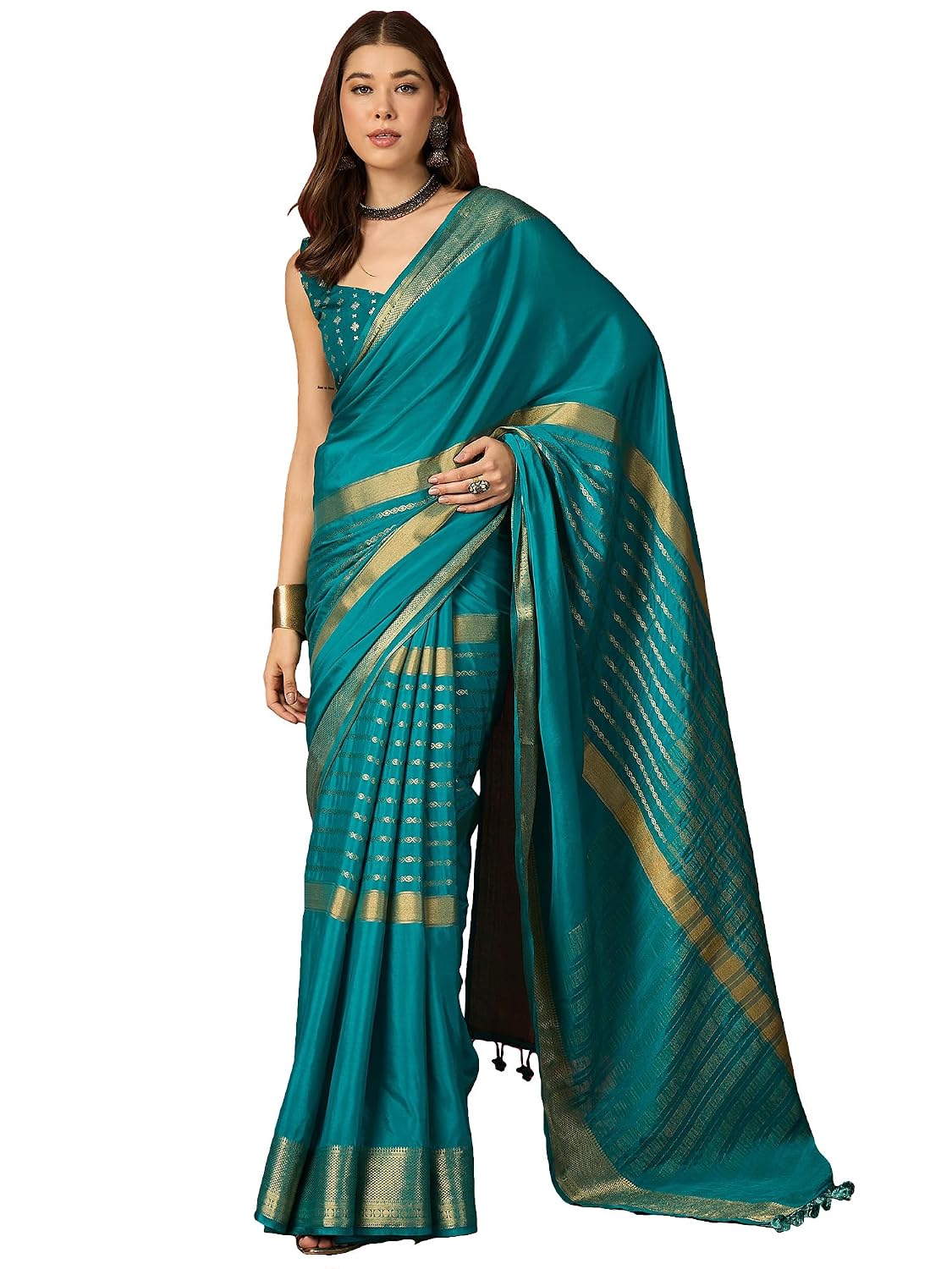 Maroon Cotton Paisley Saree - Light Blue
