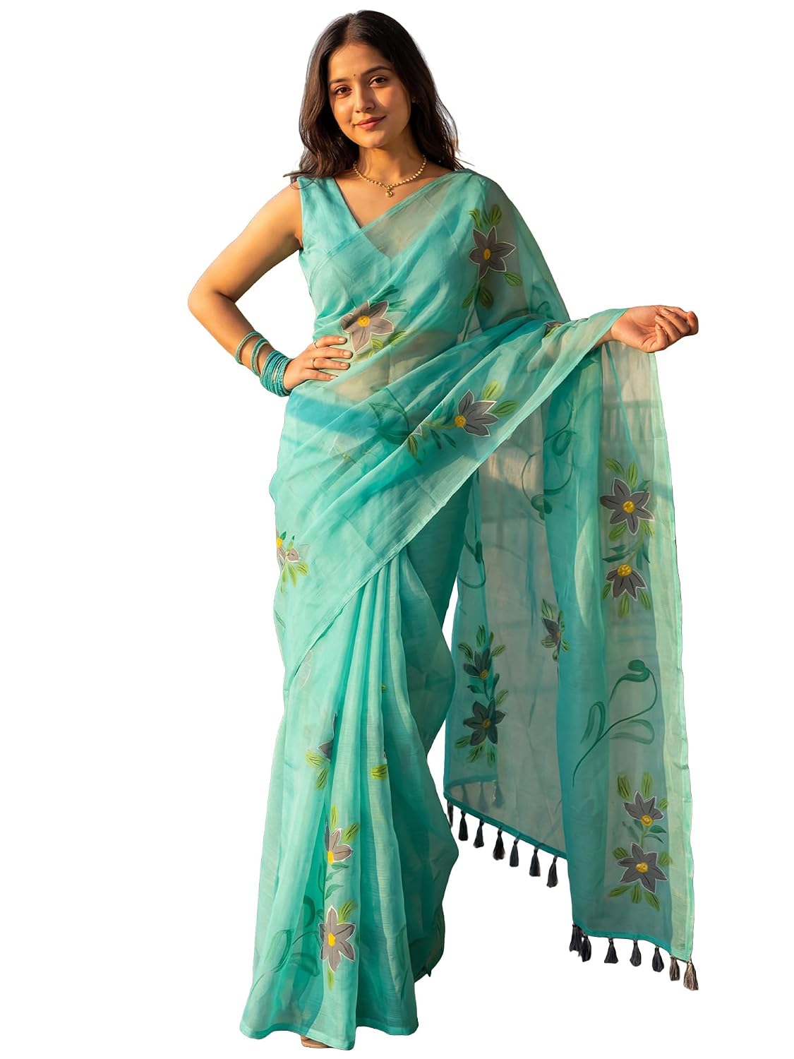White Chiffon Floral Saree - Turquoise