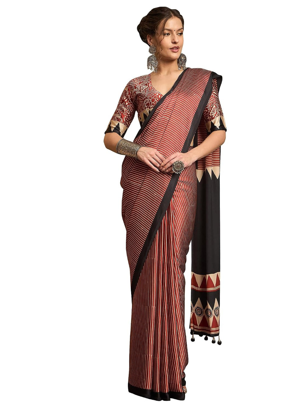Maroon Crepe Striped Saree