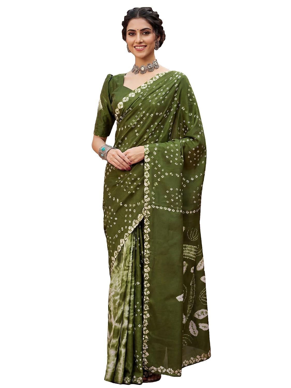 Green Crepe Polka Dots Saree