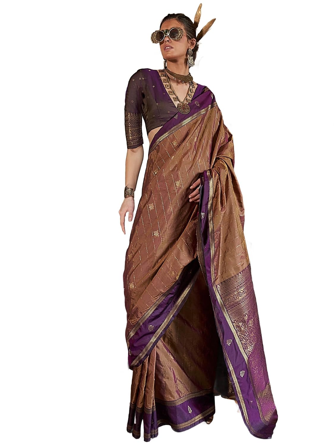 Orange Silk Paisley Saree - Beige