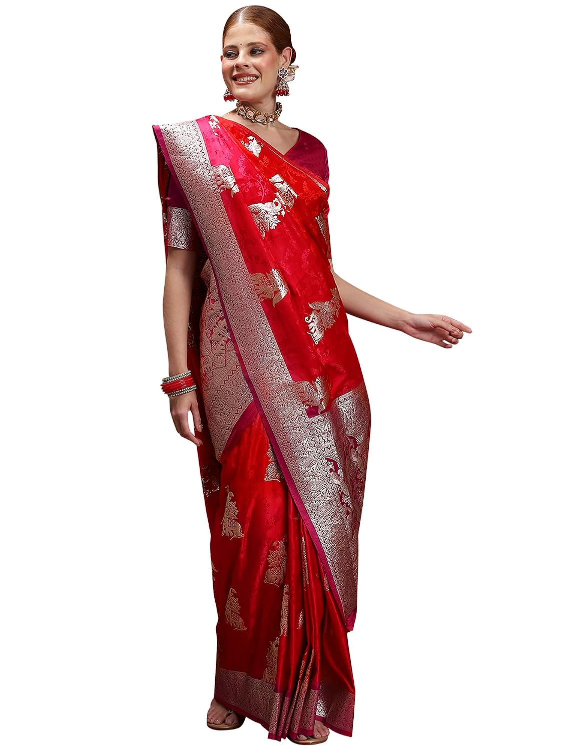 Pink Satin Floral Saree - Red 2