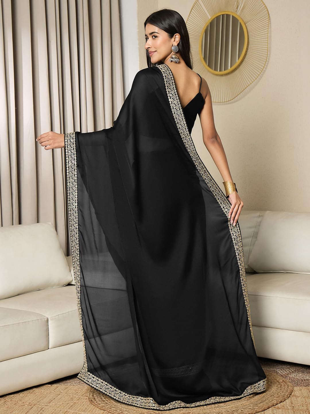 Black Satin Solid Saree
