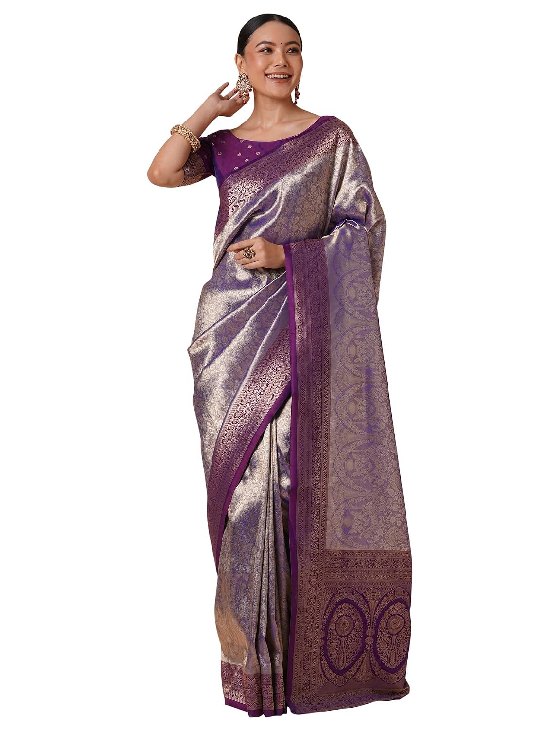Olive Silk Stars Saree - Purple