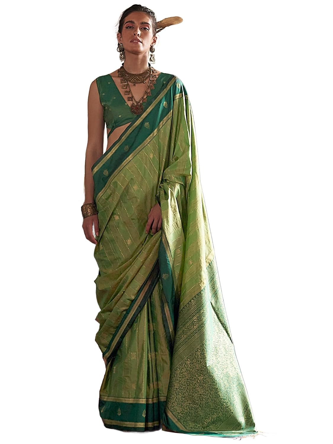 Orange Silk Paisley Saree - Light Green