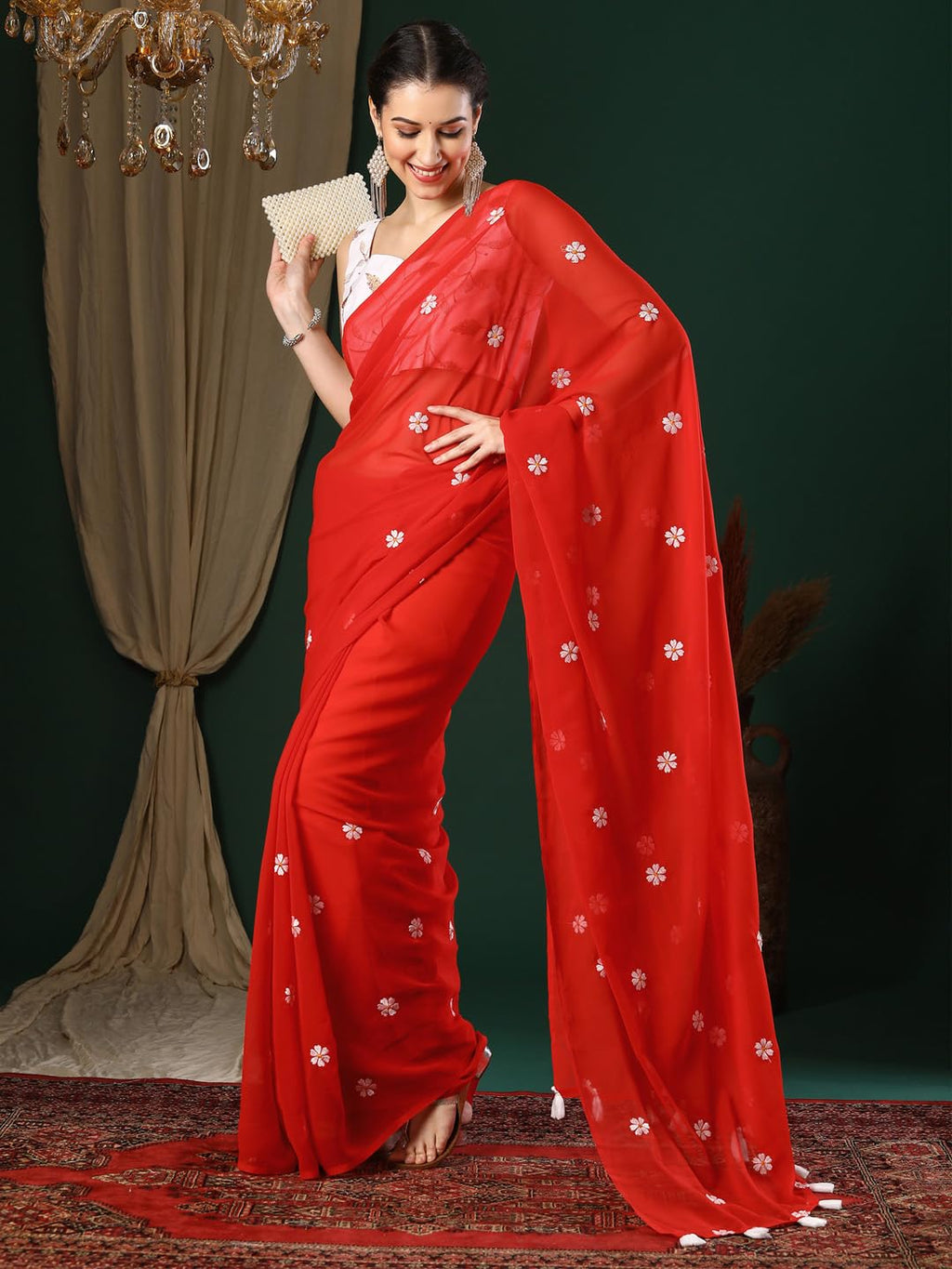 Red Georgette Embroidered Saree