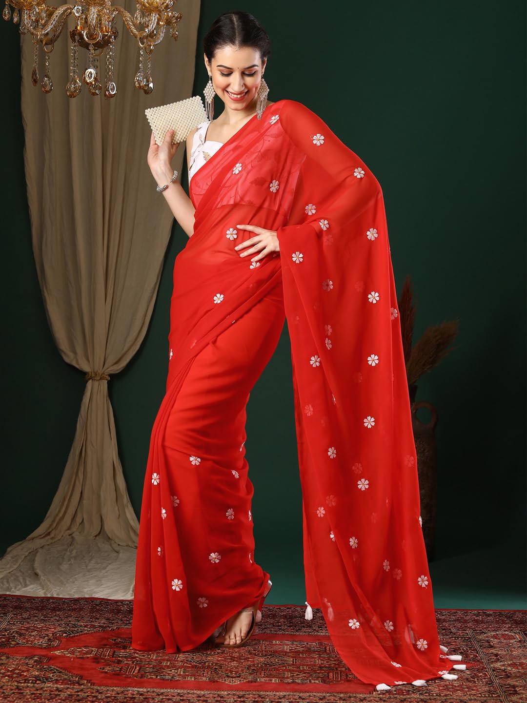 Red Georgette Embroidered Saree