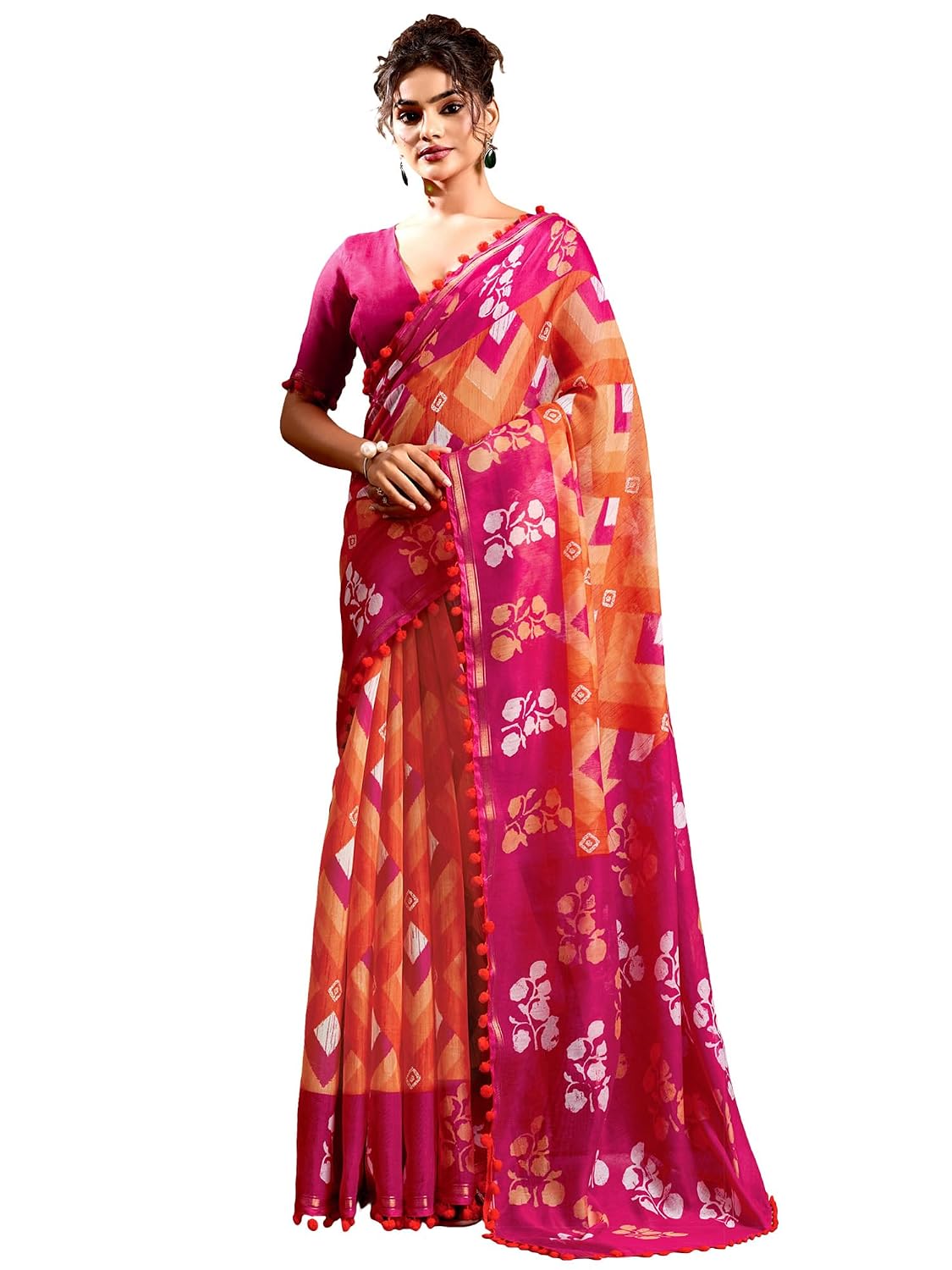 Yellow Cotton Paisley Saree - Orange