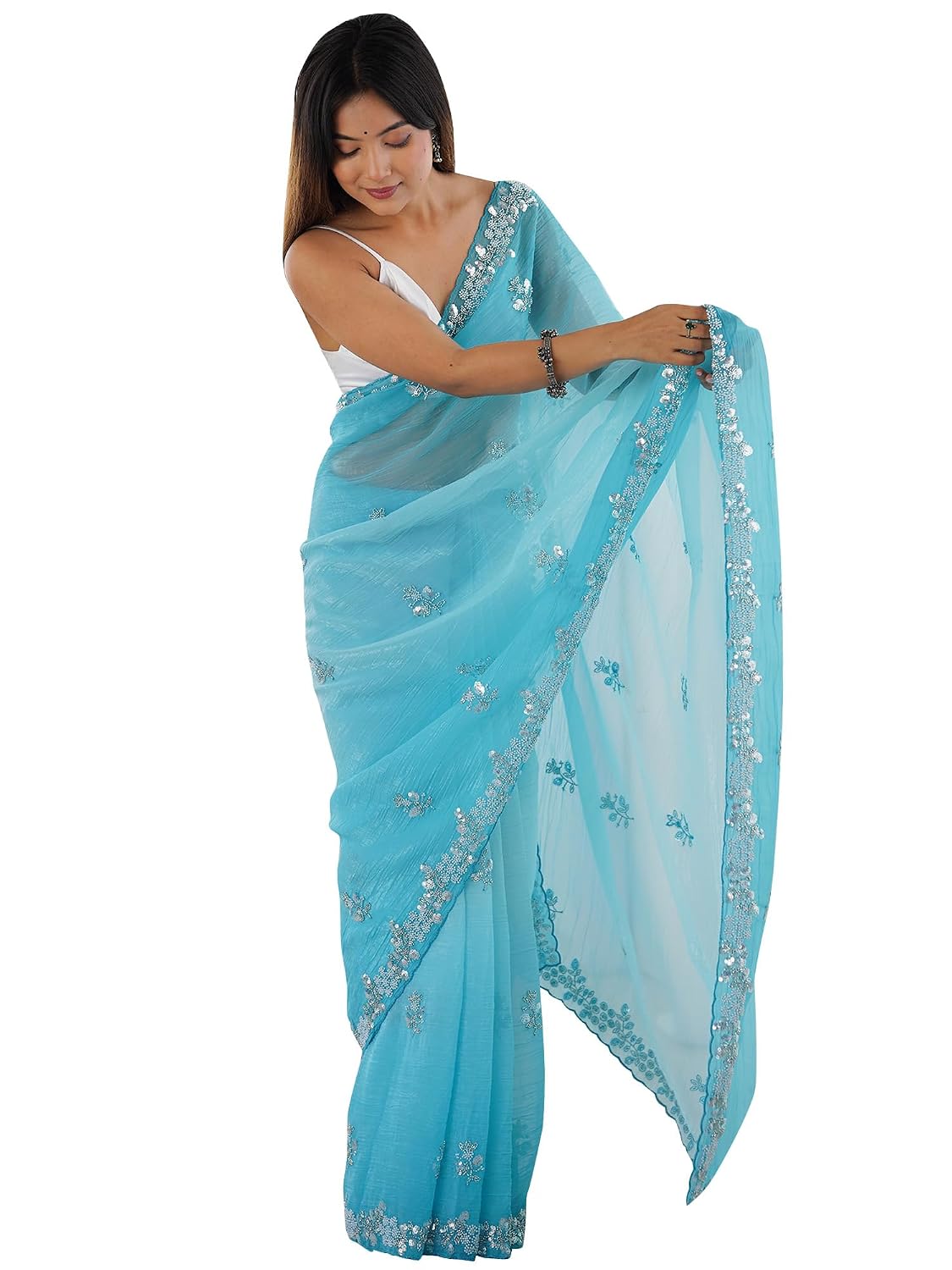 Light Blue Chiffon Floral Saree