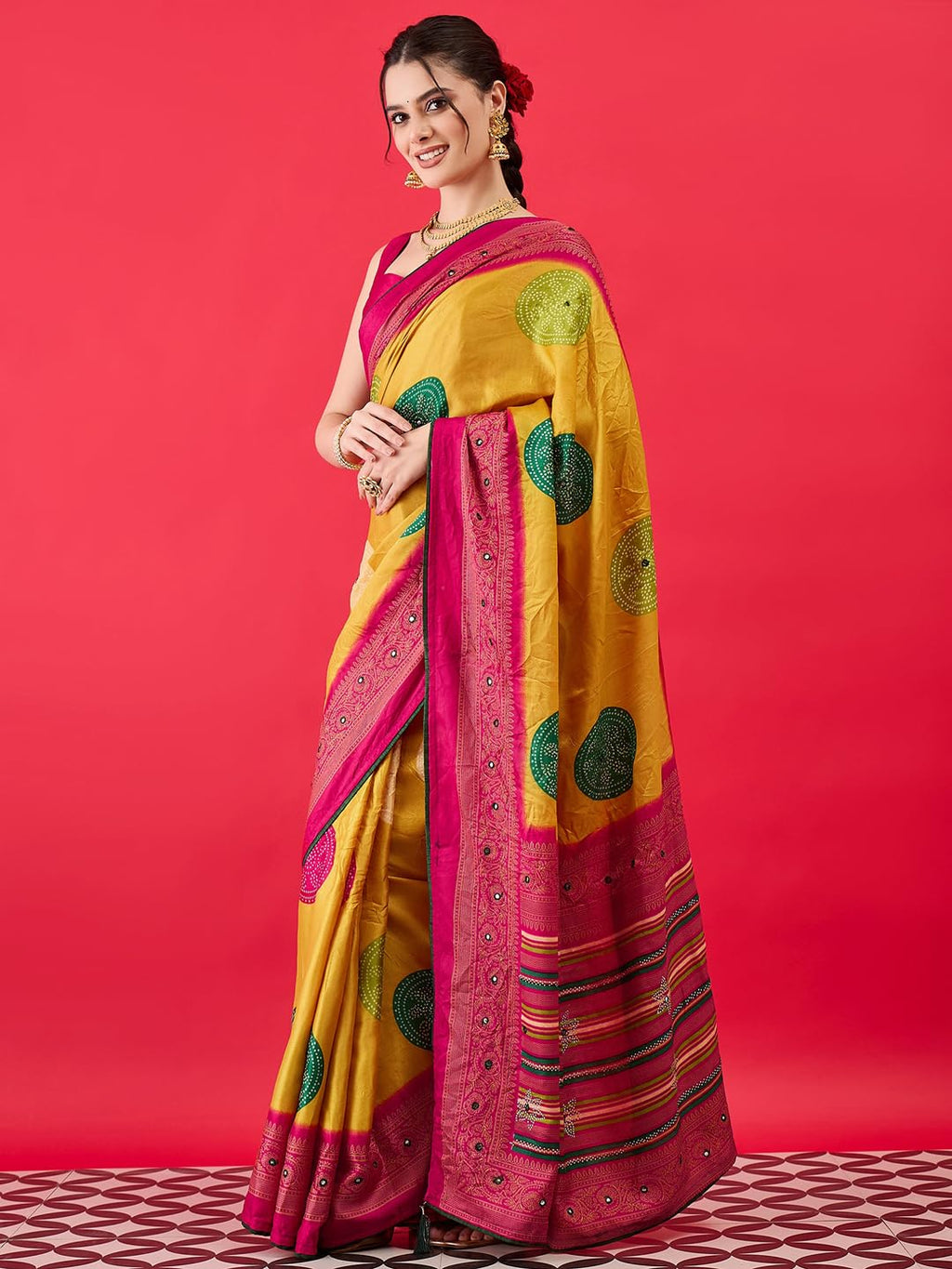 Yellow Georgette Polka Dots Saree