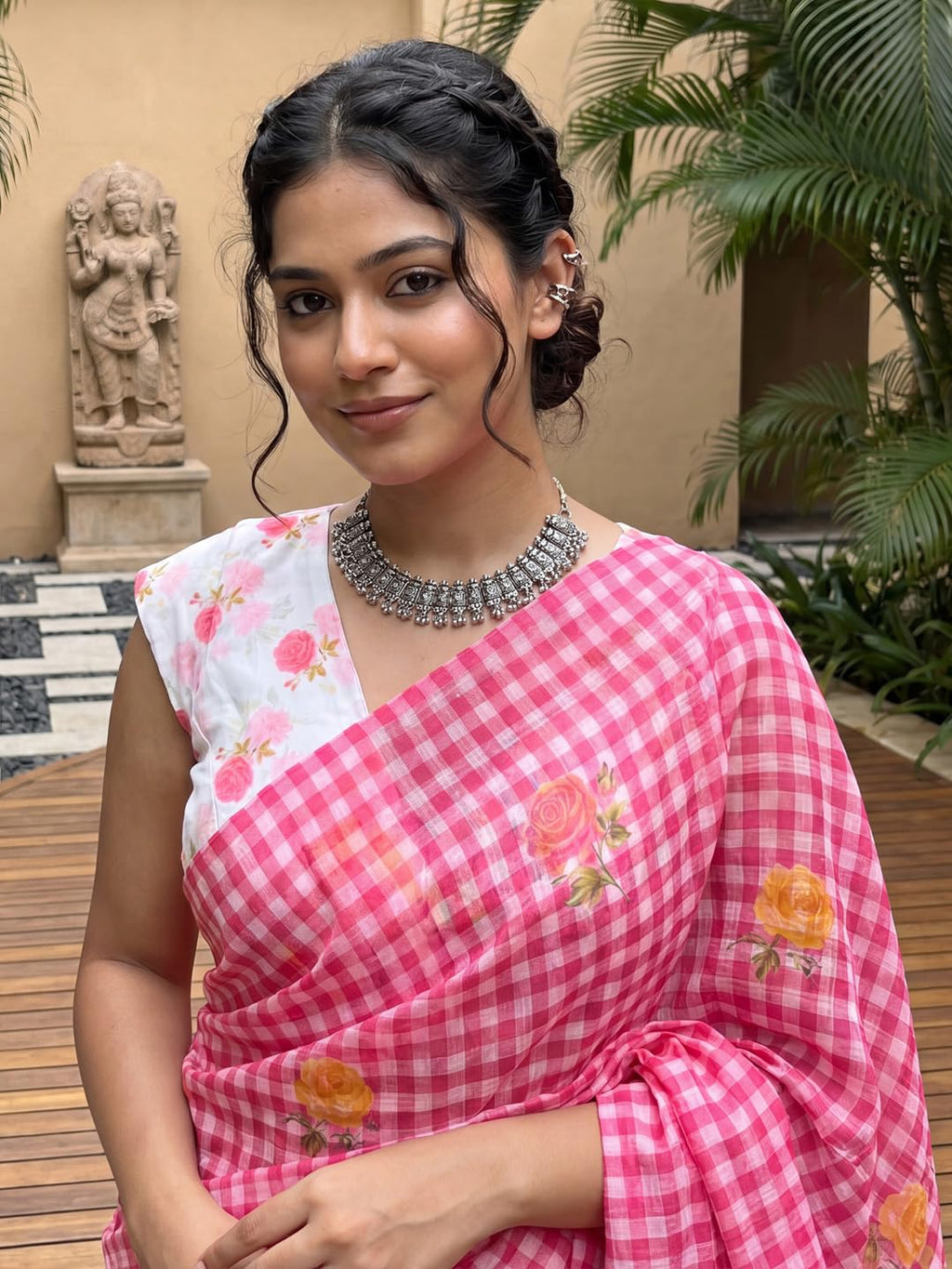 Pink Linen Striped Saree