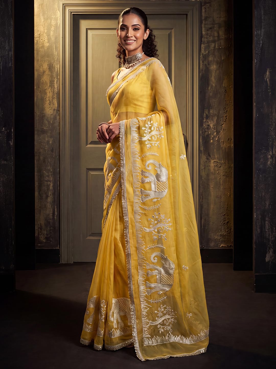 Yellow Georgette Striped Saree