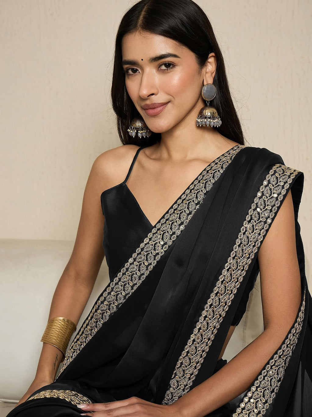 Black Satin Solid Saree