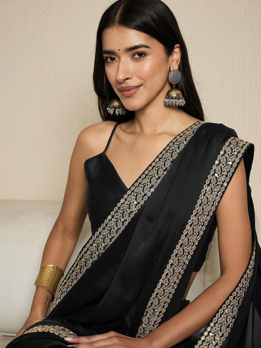 Black Satin Solid Saree
