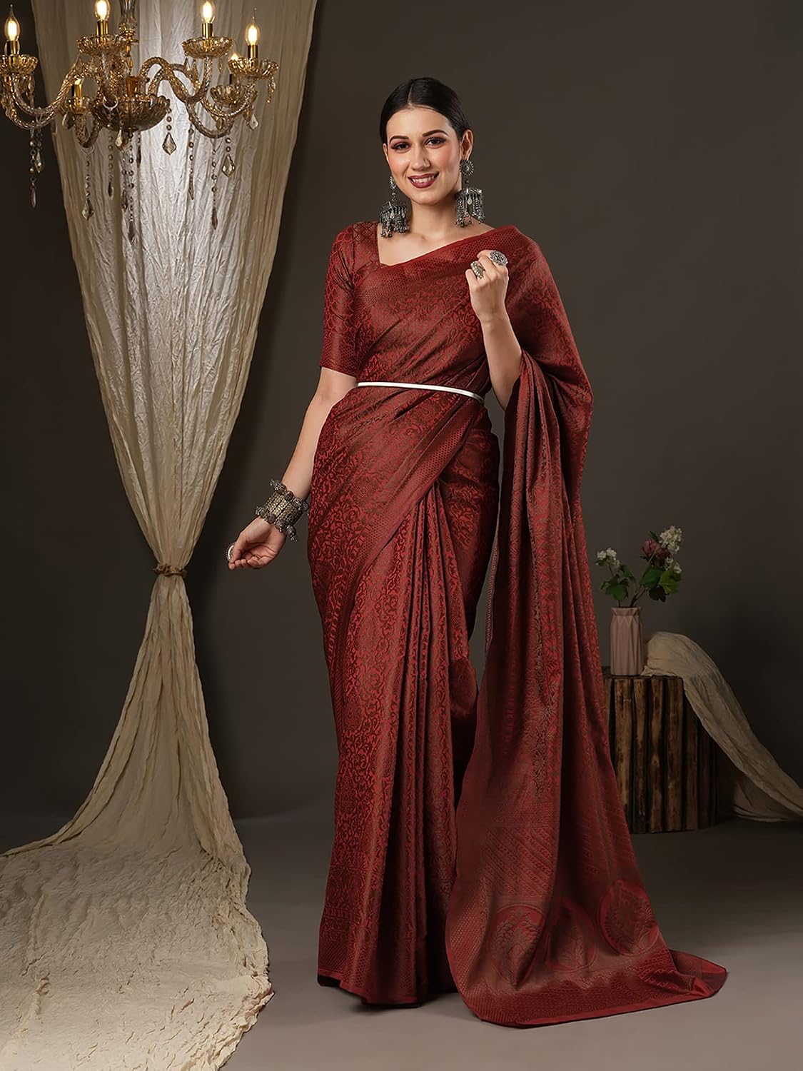 Maroon Banarasi Silk Ethnic Motif Saree
