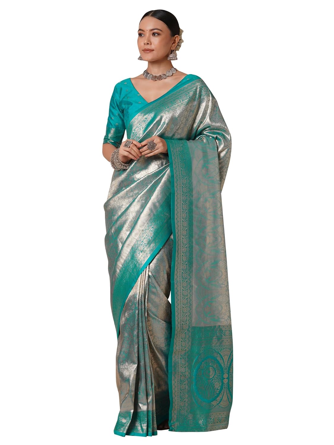 Olive Silk Stars Saree - Light Blue