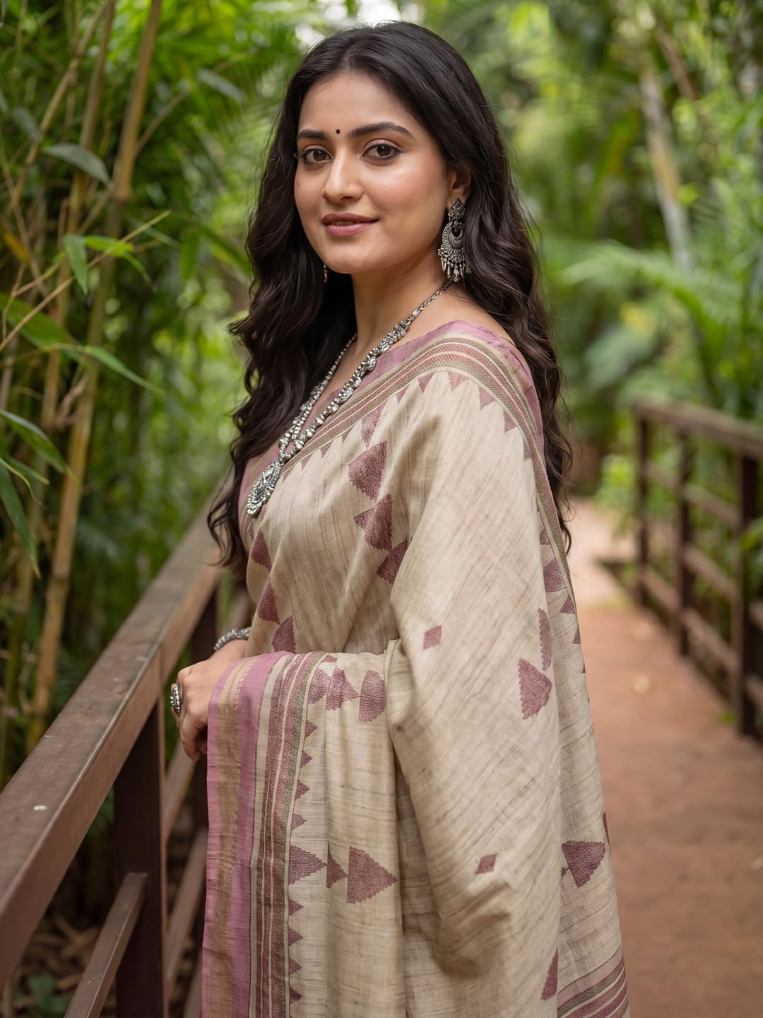 Beige Silk Checkered Saree