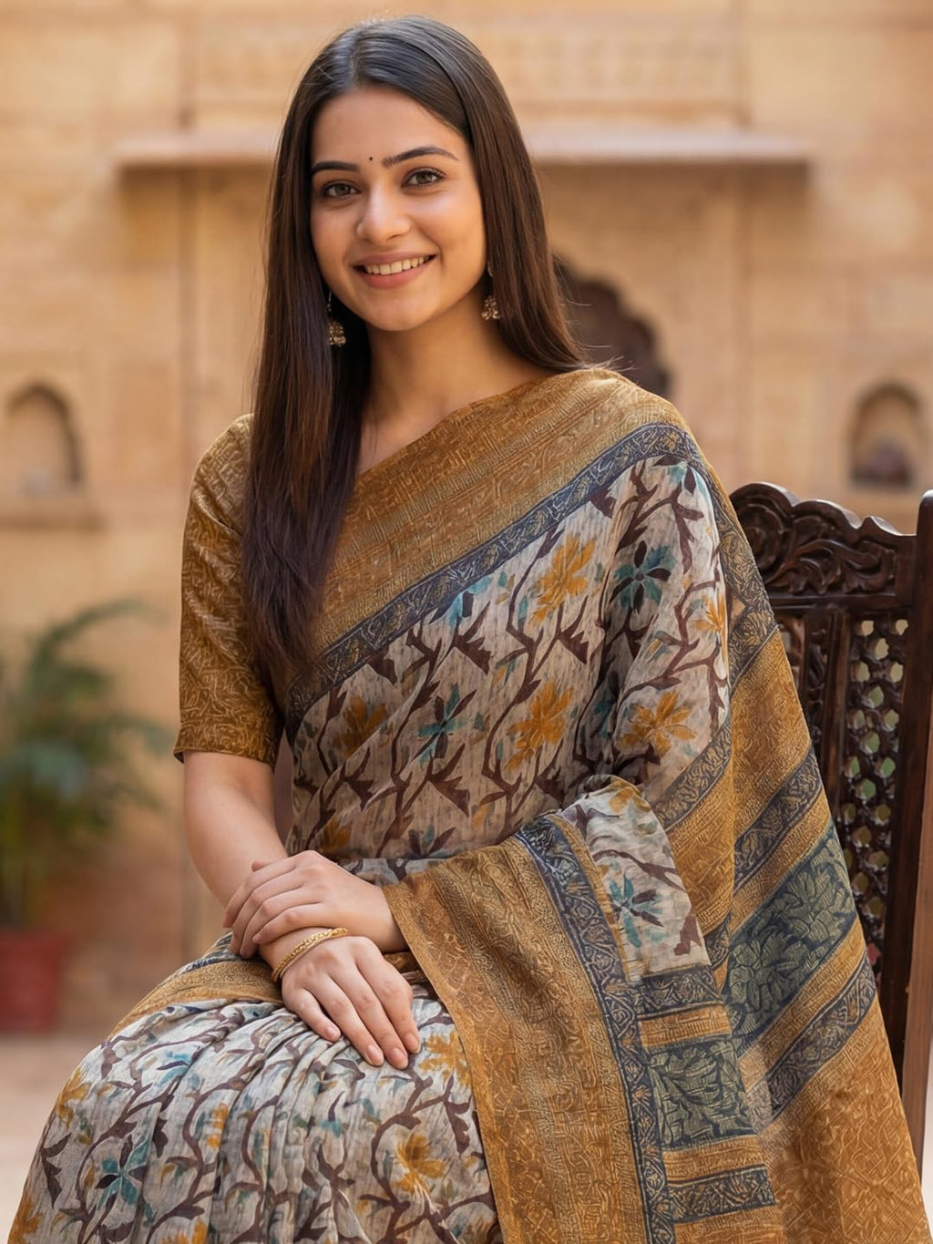 Grey Silk Blend Floral Saree