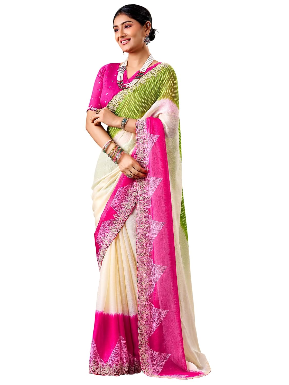 Cream Chiffon Striped Saree